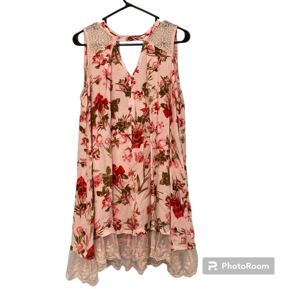 Umgee Floral Mini Dress Sleeveless with Crochet Cut Out V-neck Size Medium Tunic - Picture 2 of 10